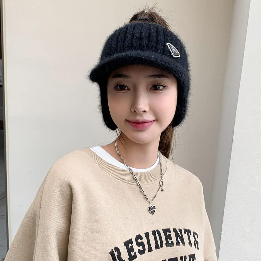 Open Beanie with Earflaps Visor Winter Hat Women Golf Tennis Cozy Knit - Picture 3 of 4